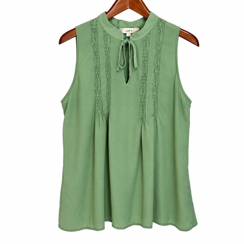 LOFT Sage Green Smocked Tie Neck Sleeveless Blouse Mixed Media Top L 756197